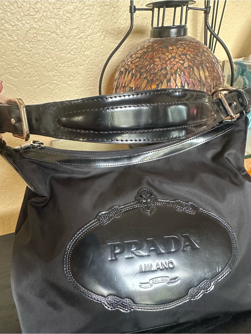 Authentic Prada black Tessuto Nylon Shoulder Bag with Leather Plaque - Picture 4 of 16